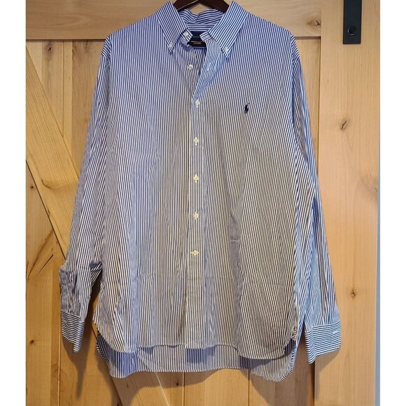 Ralph Lauren BLAKE crepe short sleeve button down striped shirt, men's size M cotton blue type Vintage Second Hand